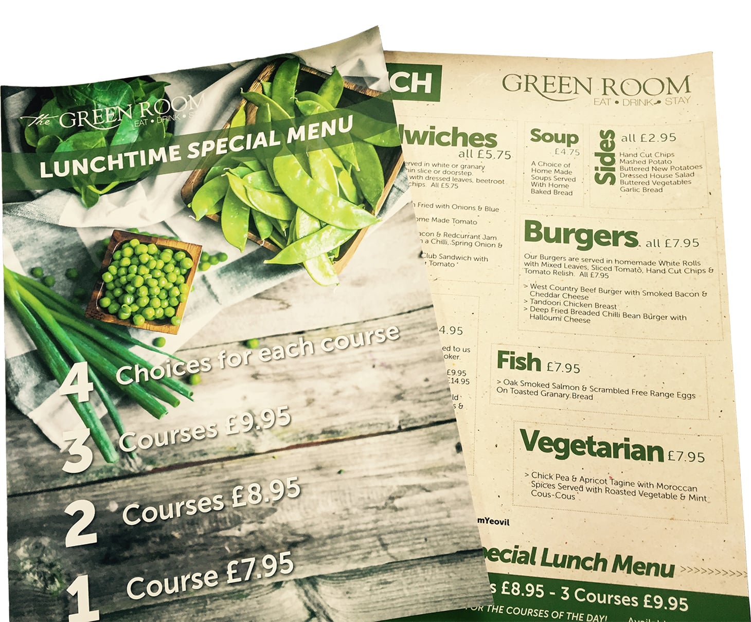 Lupimedia Yeovil Design for Print, Menus, Posters, Flyers. Example of Menu design for The Green Room Restaurant in Yeovil